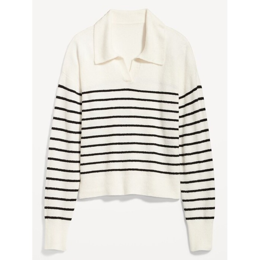 Coastal Grandmother Old Navy Womens M Striped Polo Sweater Ivory Black V-Neck